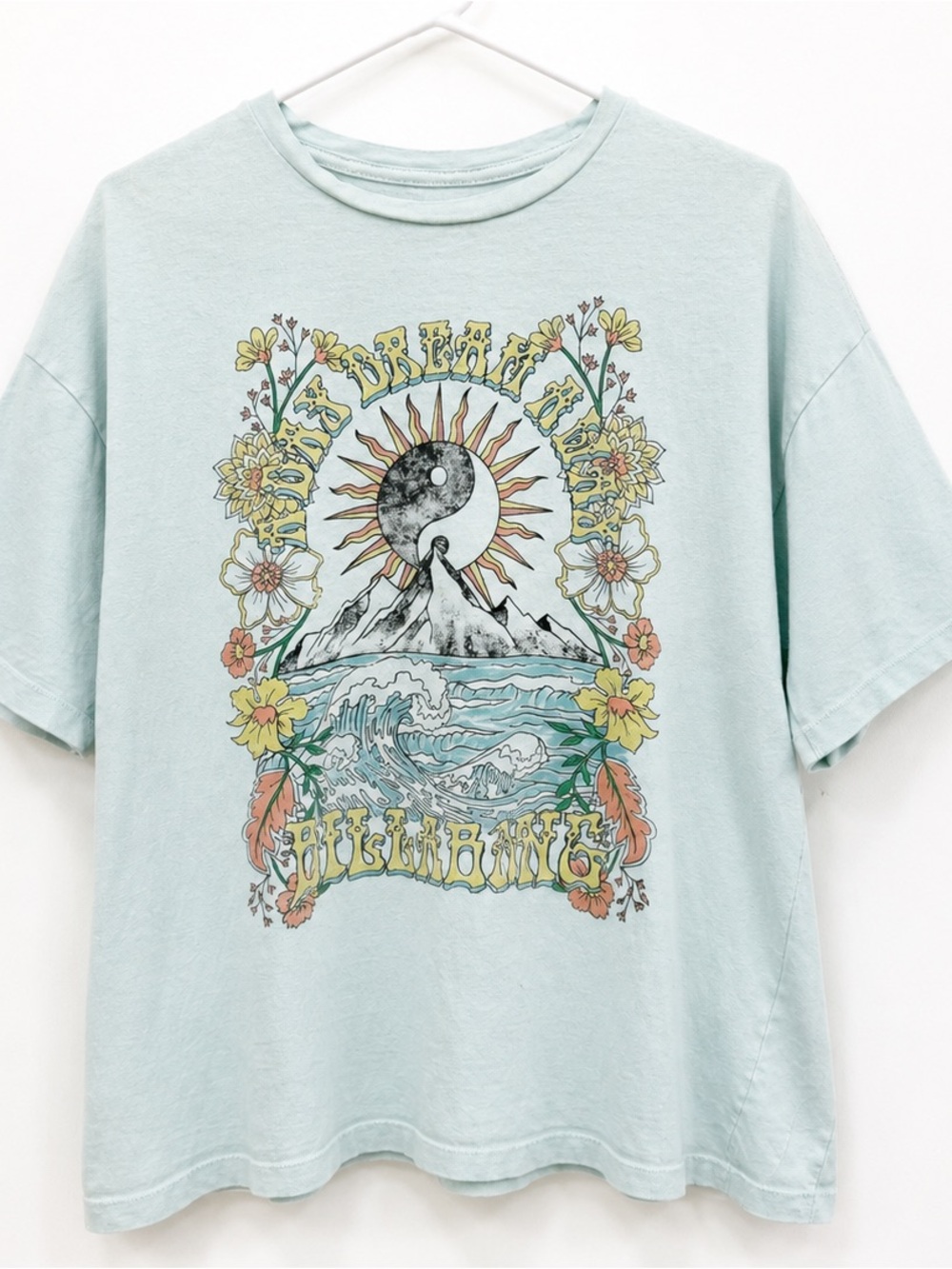 Billabong Yin Yang Sun Graphic Tee Large Seafoam Green Surf Boho Y2K